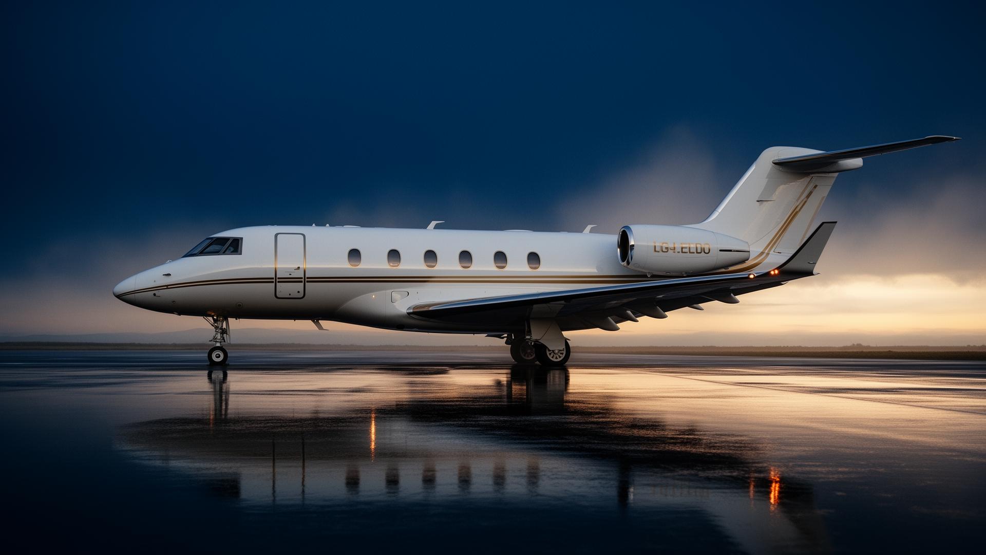 Private jet on a runway at dusk